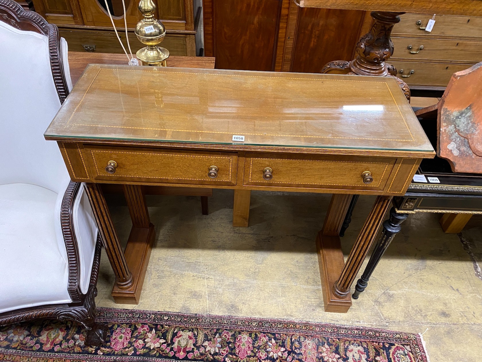 A reproduction banded mahogany two drawer console table, width 102cm, depth 38cm, height 92cm